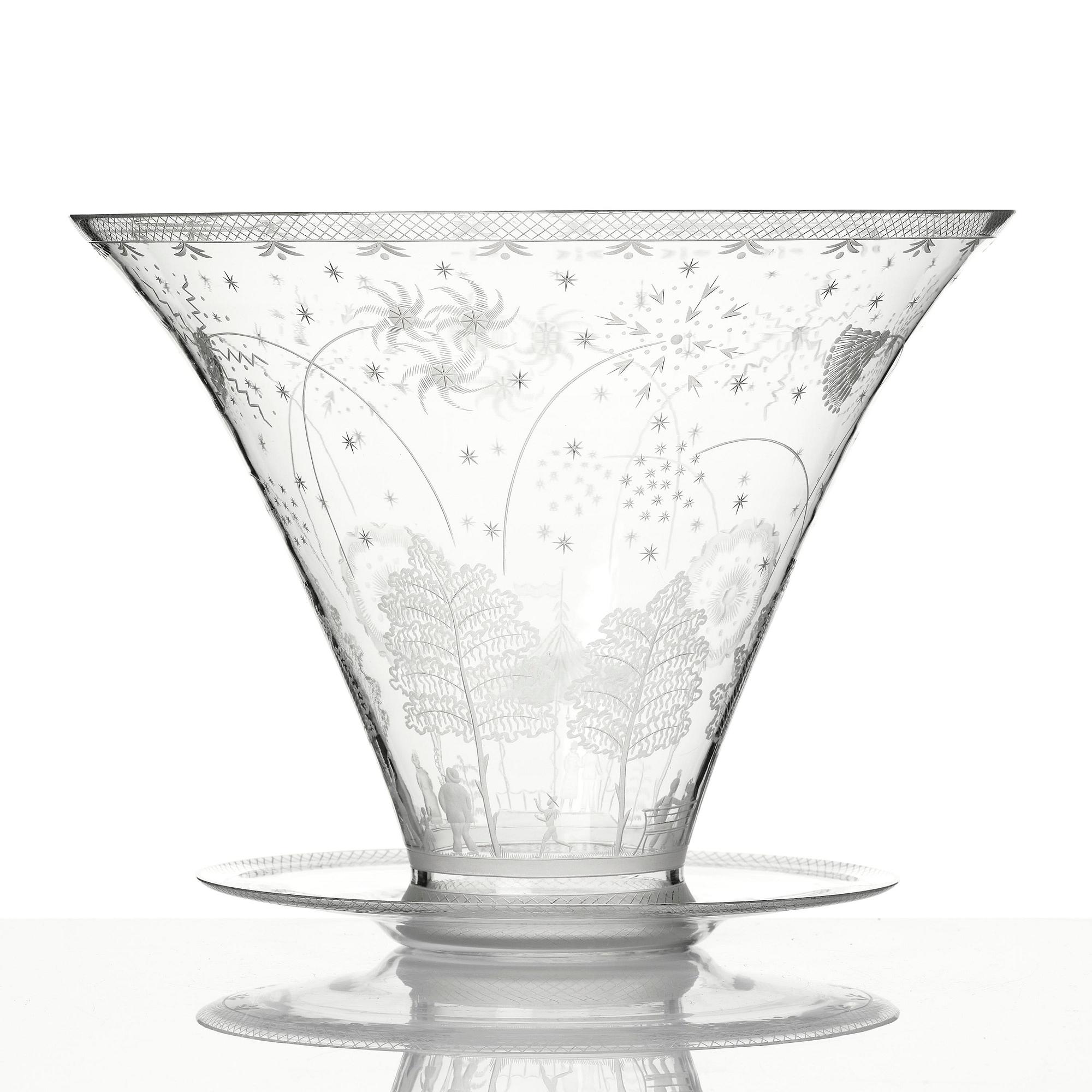 Edward Hald, a Swedish Grace "Fyrverkeri" (Fireworks) engraved glass bowl with a plate, Orrefors, Sweden, 1925, model 248.