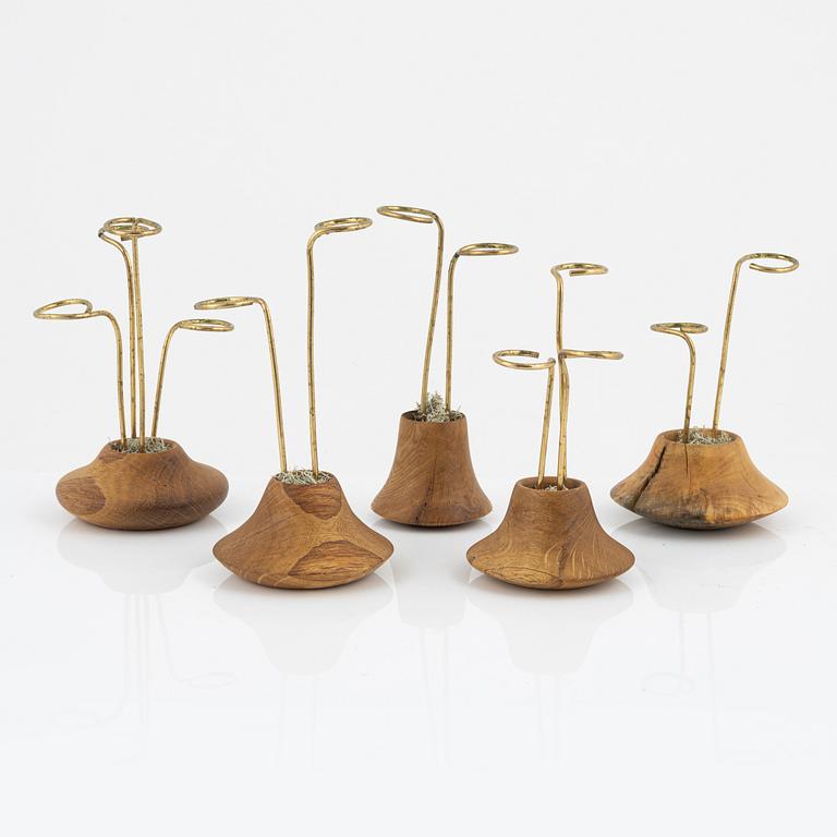 Magnus Ek, a set of five oak wood canapé holders for Oaxen Krog, 2019.