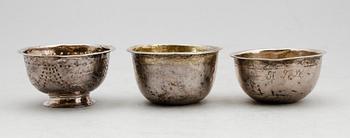 SUPKOPPAR, 3 st, silver, 1700-/1800-tal, Jönköping, Enköping och Norrköping. Tot vikt 44 g.