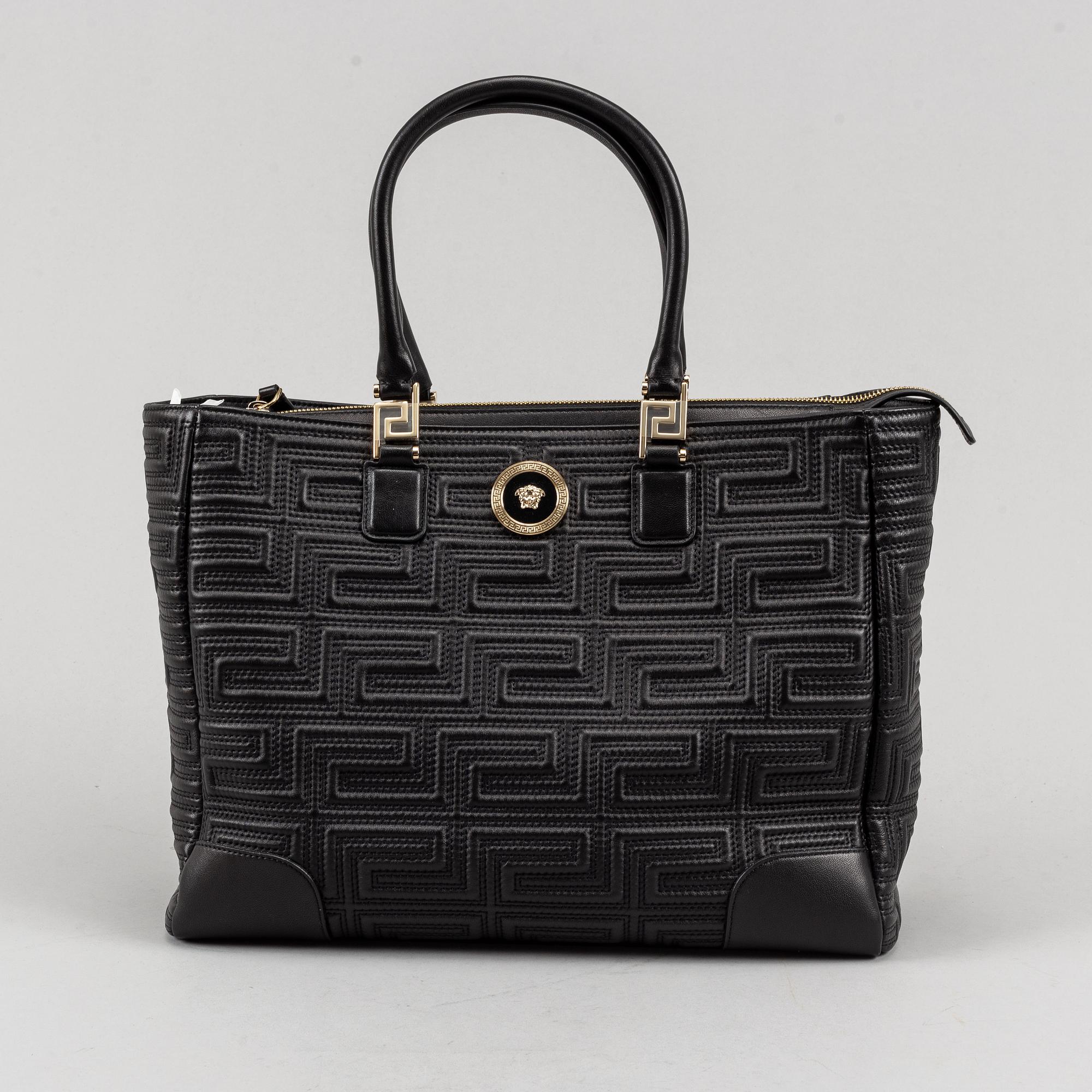 Versace, a black quilted leather handbag.