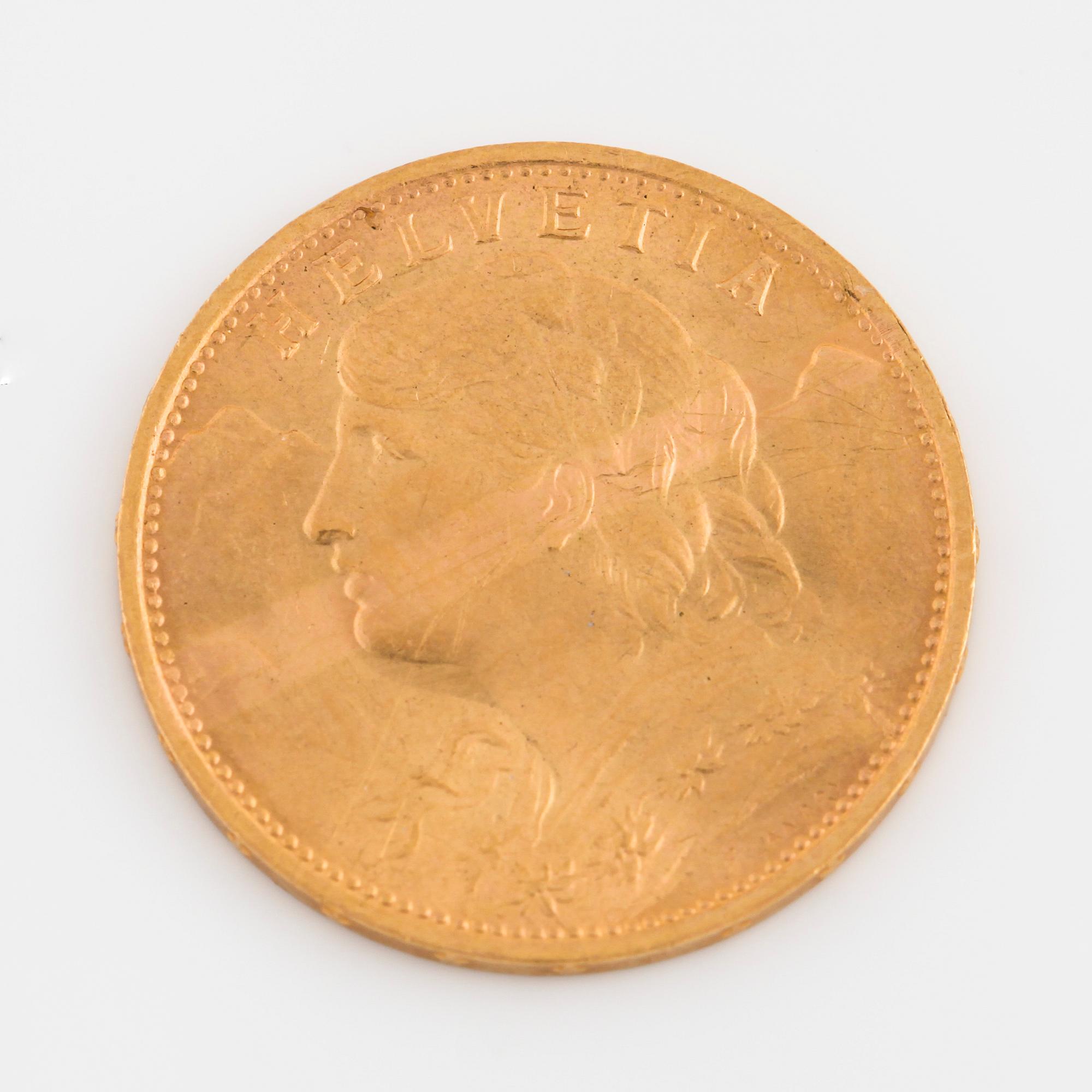 A 20 franc gold coin, Helvetia, 1922.