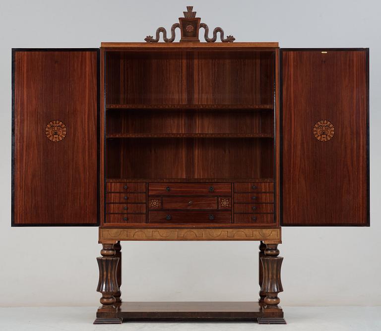 A Gösta Thorell Swedish Grace cabinet in stained birch, palisander, mahogany and other wood inlays, Stockholm 1930.