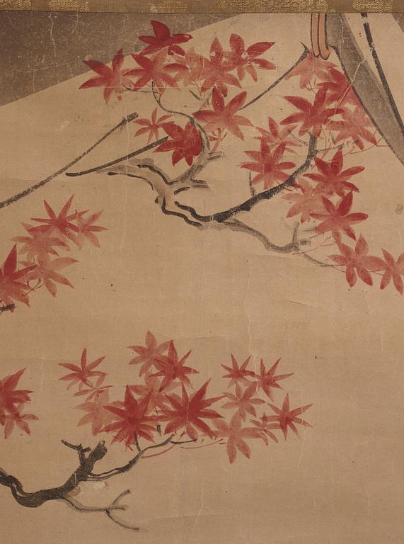 RULLMÅLNING, tusch och färg på papper. Oidentifierad konstnär, Japan, 1800-tal. Två senare sigill i rött.