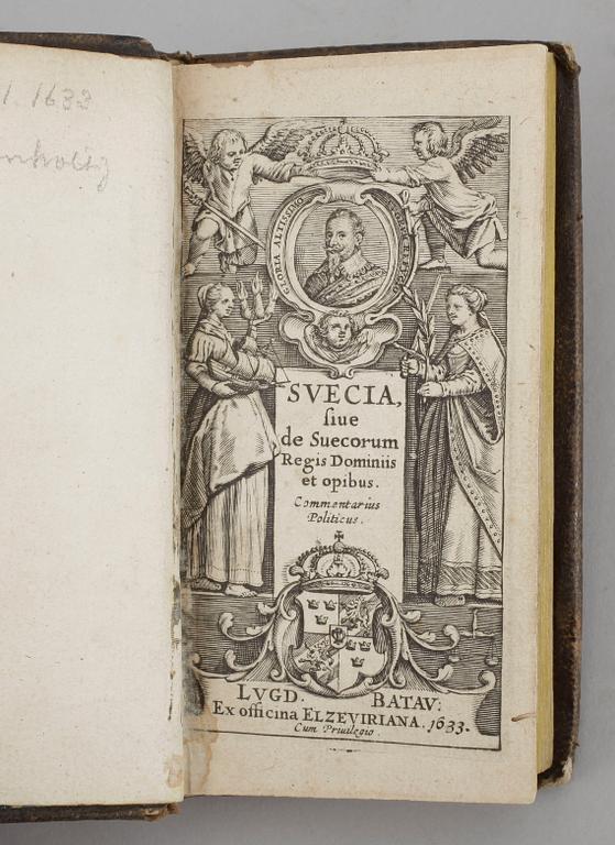 BOK, "Svecia sive de Suecorum, Regis dominiis et opibus..." av Henrik Soter och Andreas Bureus, Elzeviriana Leyden 1633.