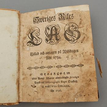SVERIGE RIKES LAG 1734, Stockholm 1736.