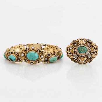 A cabochon cut turquoise and cultured pearl bracelet and brooch.