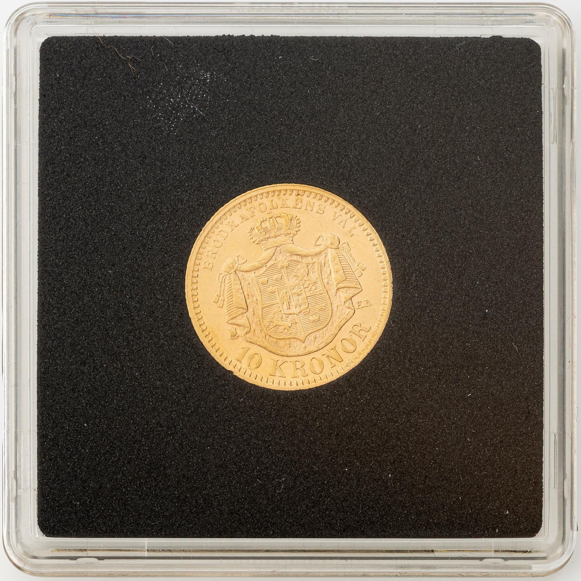 Gold coin, Oscar II, 10 kronor, type II, Sweden 1880.