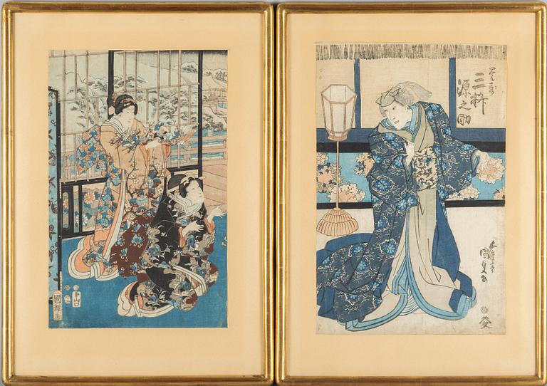 Utagawa Kuniteru I, träsnitt, 1853, samt Utagawa Kunisada (Toyokuni III), träsnitt, 1800-talets första hälft.