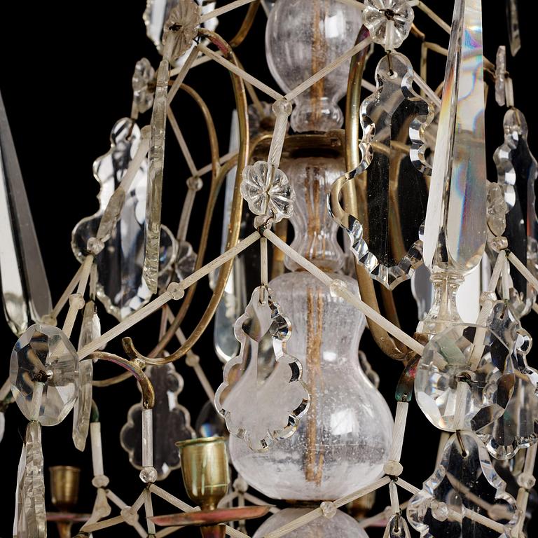 A Swedish rococo gilt-brass and cut glass six-branch chandelier by O. Westerberg (master in Stockholm 1769-1811).