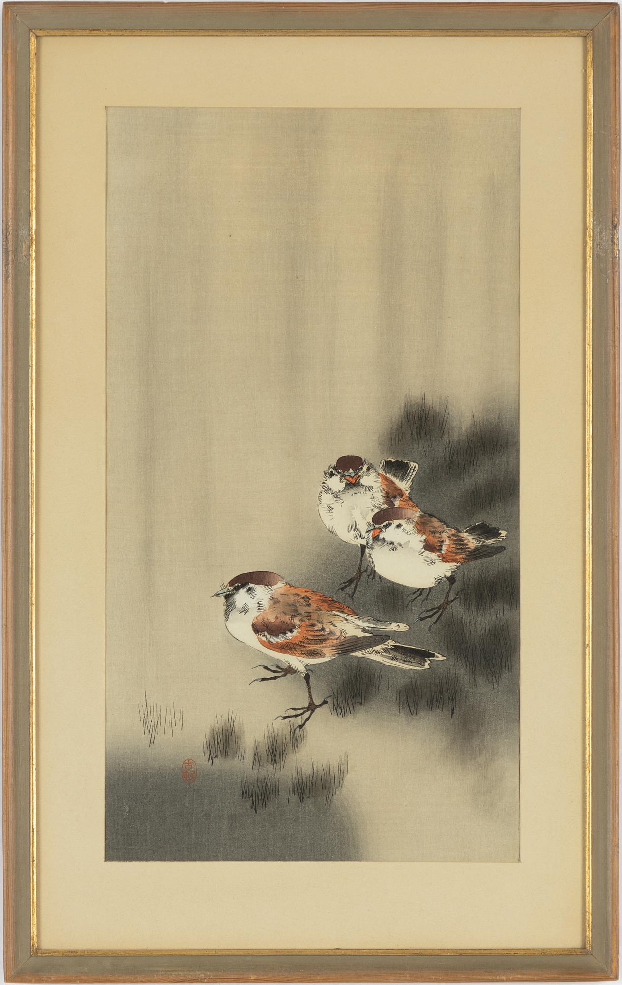 Ohara Koson, 'Tre pilfinkar i regn'.