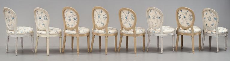 Eight Gustavian late 18th century matched chairs (7+1).