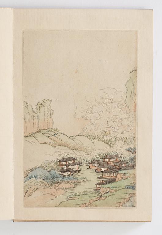 An album with eight landscape paintings, copies after Gu Fang (Gu Ruozhou, active c. 1700), Qing dynasty, 19th Century.