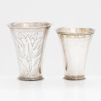 Two 18th-century Swedish silver beakers, Petter Zettersteen 1712-44 and Nils Orstedt, 1756.
