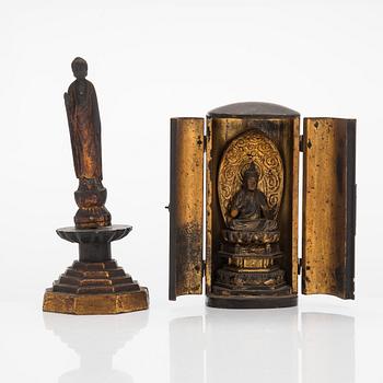 Two Japanese wooden Bodhisattva, one in zushi shrine, 19th century.