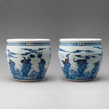 766. A pair of massive blue and white and iron red basins, China, 20th Century.