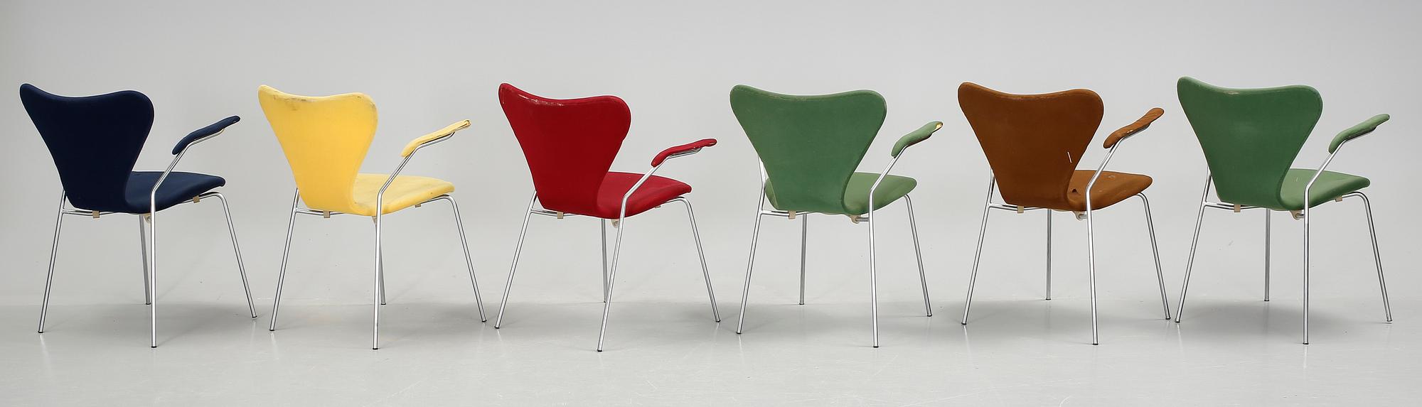 KARMSTOLAR, 6 st, "Sjuan", Arne Jacobsen, Fritz Hansen, 1900-talets andra hälft.