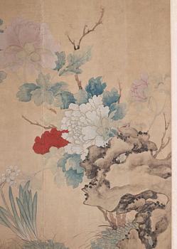 A Chinese scroll painting/wall paper-panel, ink and colour on paper, after Jiang Tingxi (1669-1732), Qing dynasty.