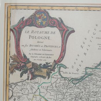 MAP - ROBERT DE VAUGONDY, Poland, hand colored copper engraving, Paris 1752.