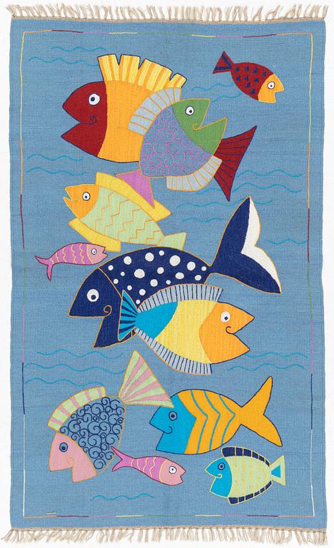 Matta, kelim, handbroderad, blå botten, ca 184 x 113 cm.