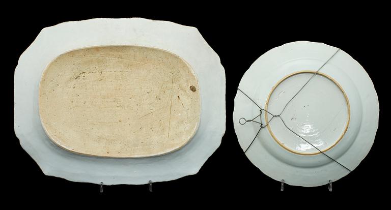 STEKFAT, 3 st, samt TALLRIK, porslin, Kina, 1700/1800-tal.