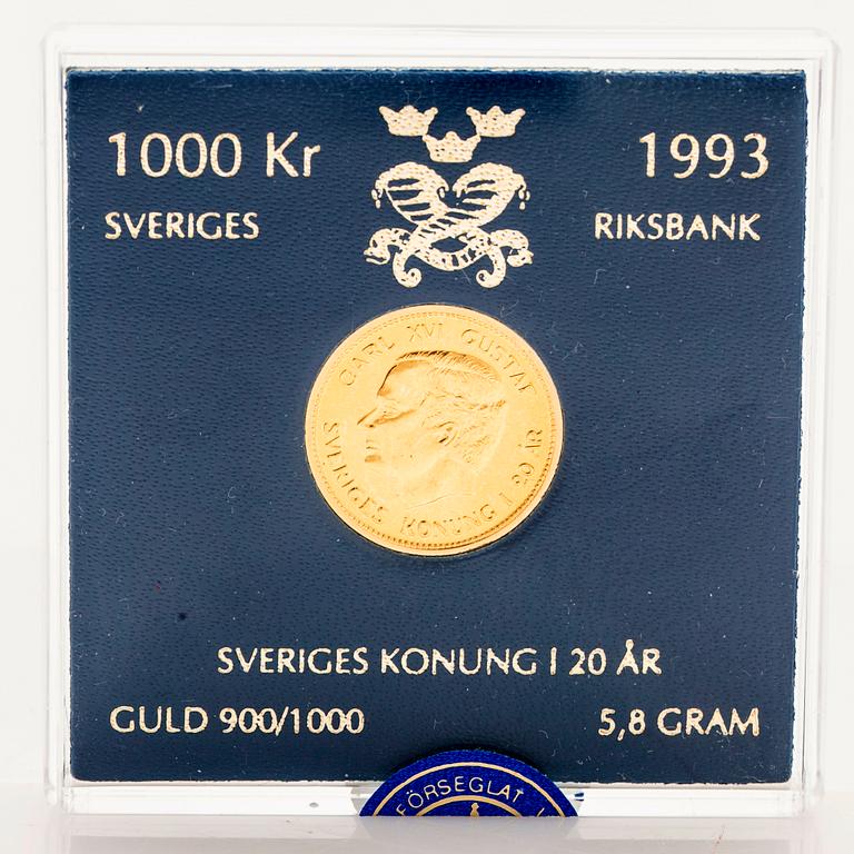 Gold coin, 21.6 carat, King of Sweden for 20 years, “SEK 1,000”, Sveriges Riksbank, 1993.