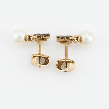 Earrings, a pair, gold with pearls and small rose-cut diamonds.