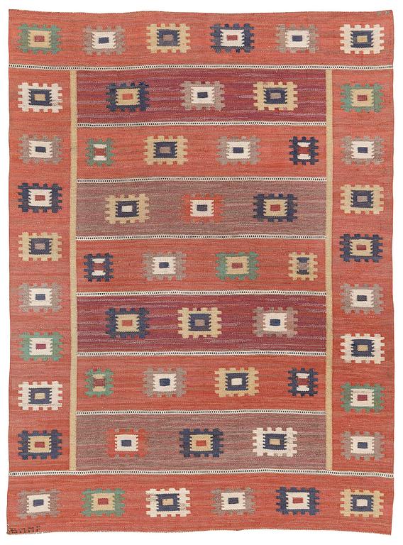 Märta Måås-Fjetterström, a carpet, 'Röd grön äng', flat weave, c. 242 x 177 cm, signed AB MMF.