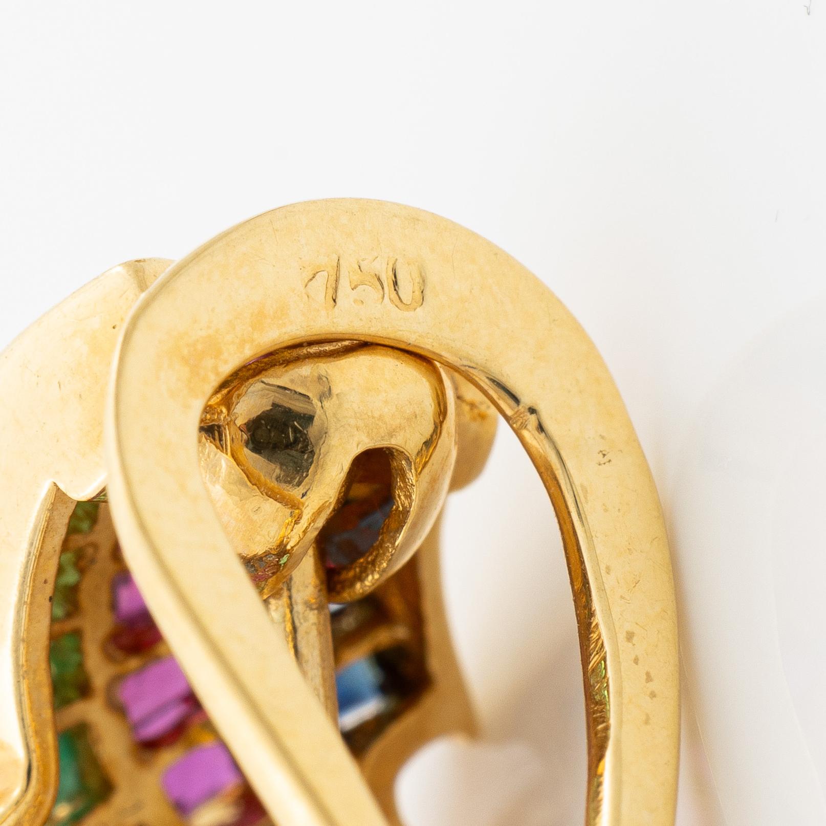 Earrings, a pair, 18K gold set with brilliant-cut diamonds, emeralds, rubies and sapphires.