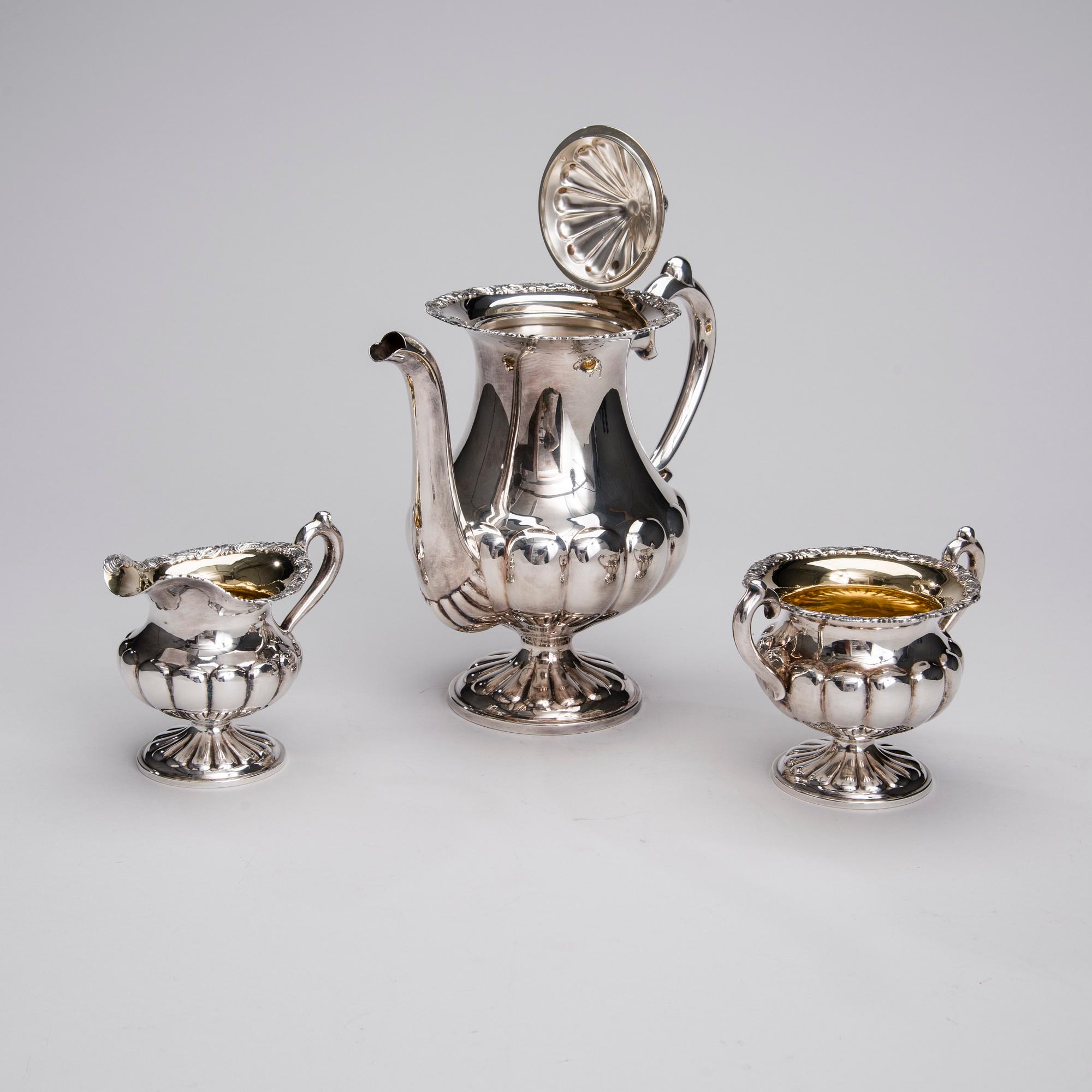 KAFFESERVIS, 3 delar, silver, Hopeatehdas, Helsingfors 1951. Tot. vikt ca 1168 g.