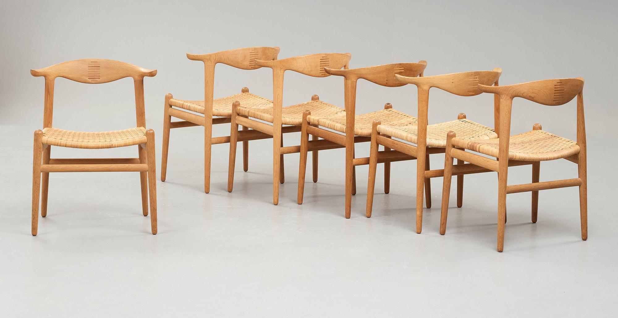 Hans J. Wegner, a set of six oak "Cowhorn Chairs", JH-505, Johannes Hansen, Denmark 1960's.