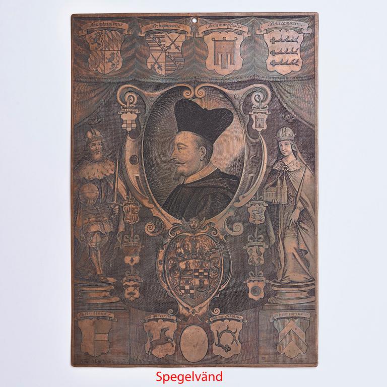 GRAVERAD KOPPARPLÅT, 1600-tal. Pierre de Loisy II (1619-1670). Porträtt av Roman Giel von Gielsberg (1612-1673).