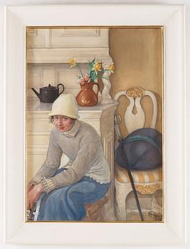 Carl Larsson, Girl with ice skates, interior from the school household, Falun.