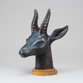 GUNNAR NYLUND, skulptur, gasellhuvud, Rörstrand, unik.