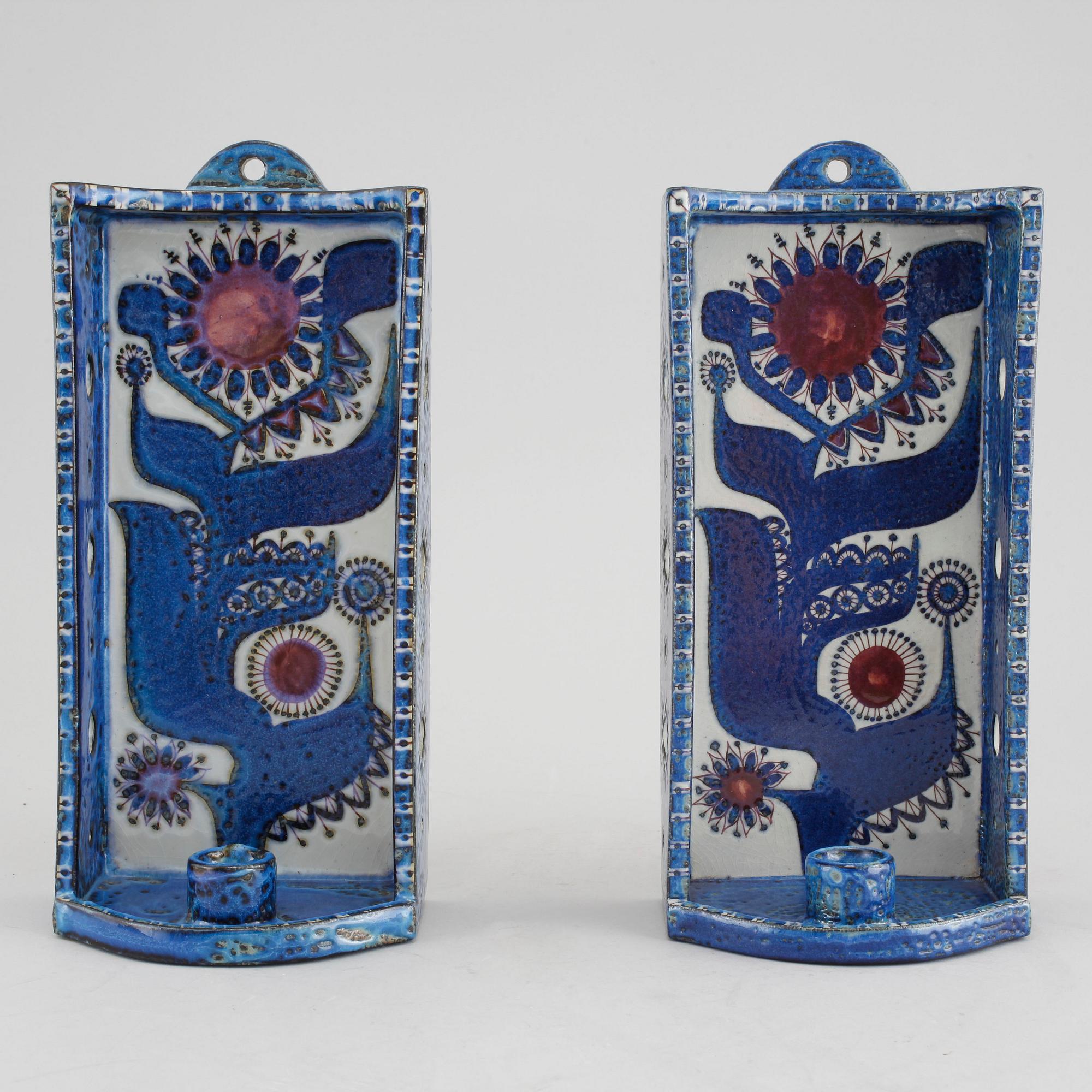 A pair of wall sconces in stoneware, designed by Berte Jessen for Aluminia, Denmark, third quarter of the 20h century.