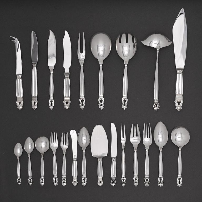 Johan Rohde, a set of 168 pcs of sterling and stainless steel "Acorn" flatware, Georg Jensen, Copenhagen post 1945.