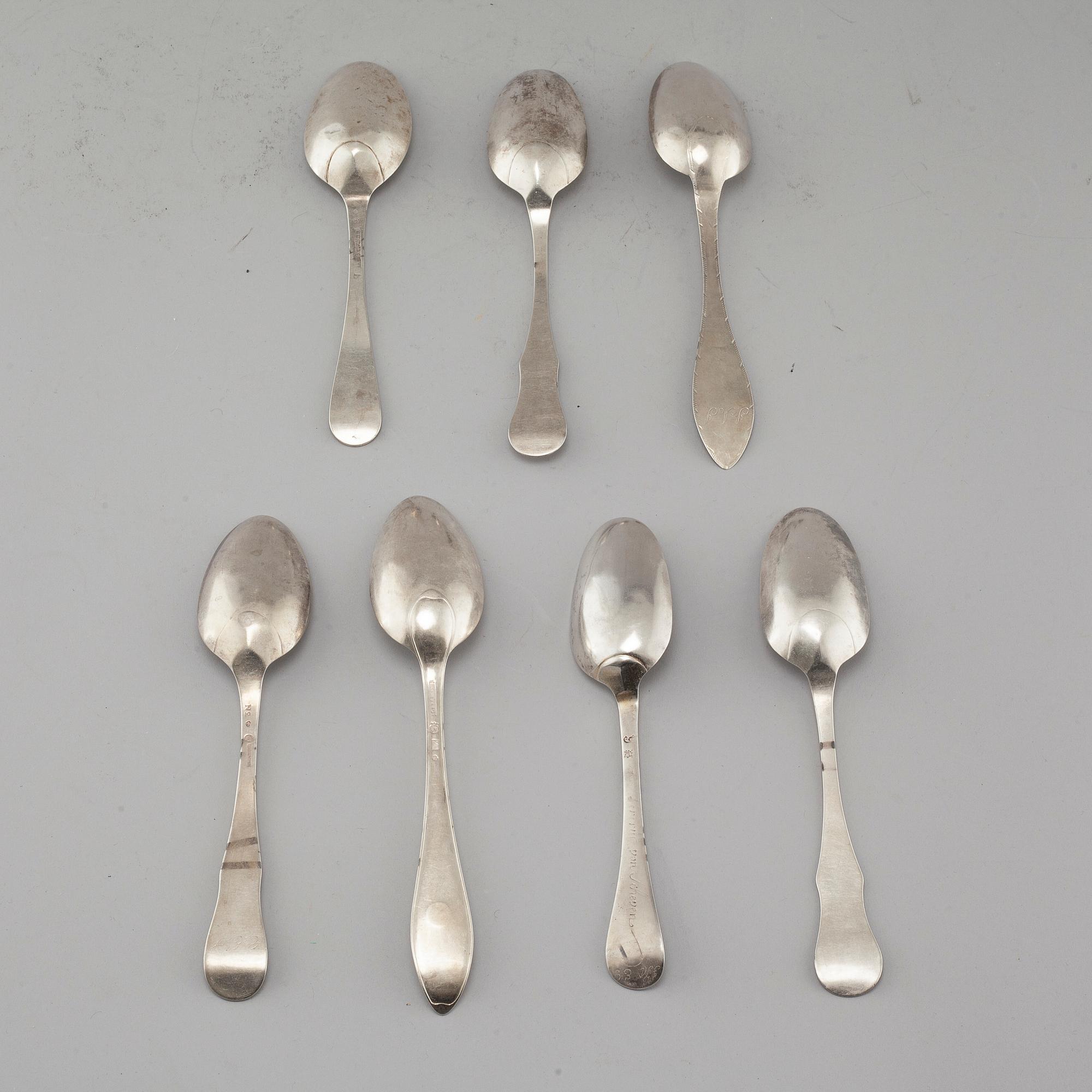 Seven spoons, silver, one by Johan Malmstedt (Gothenburg), mostly Swedish, 18th-19th century.