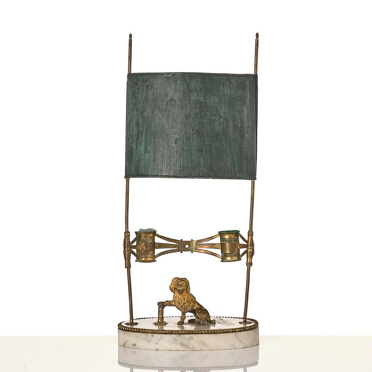 A late gustavian marble and gilt brass two-light reading lamp, late 18th century.