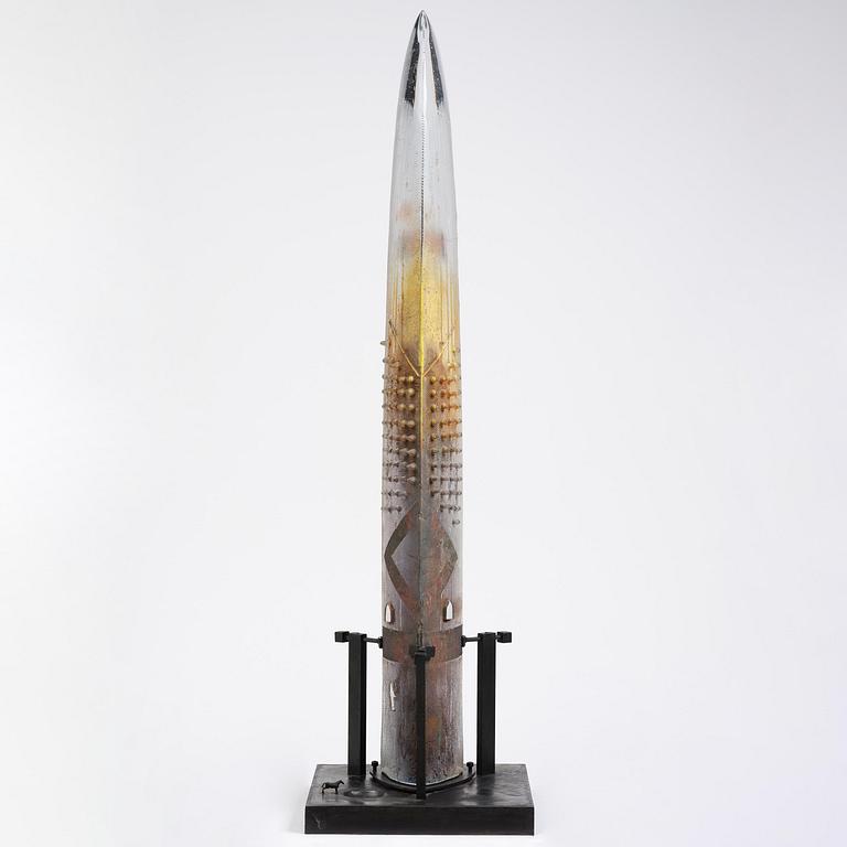 Bertil Vallien, a sand cast glass sculpture of a standing half-boat, Kosta Boda, Sweden.