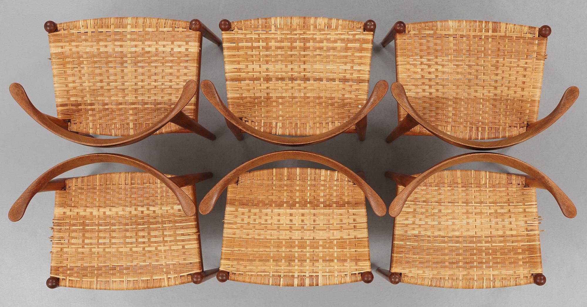 Hans J. Wegner, "Cowhorn Chair", sex stycken, Johannes Hansen, JH 505, Danmark 1950-60-tal.