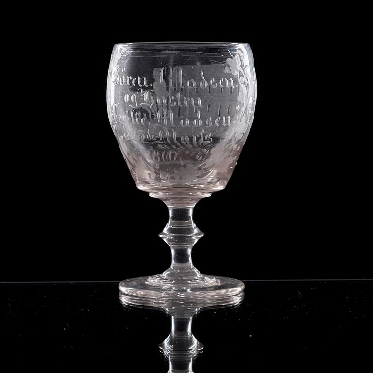 A Danish wedding glass goblet, dated 1860.