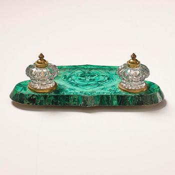 A Russian Alexander III malachite-veneered inkstand, late 19th century.
