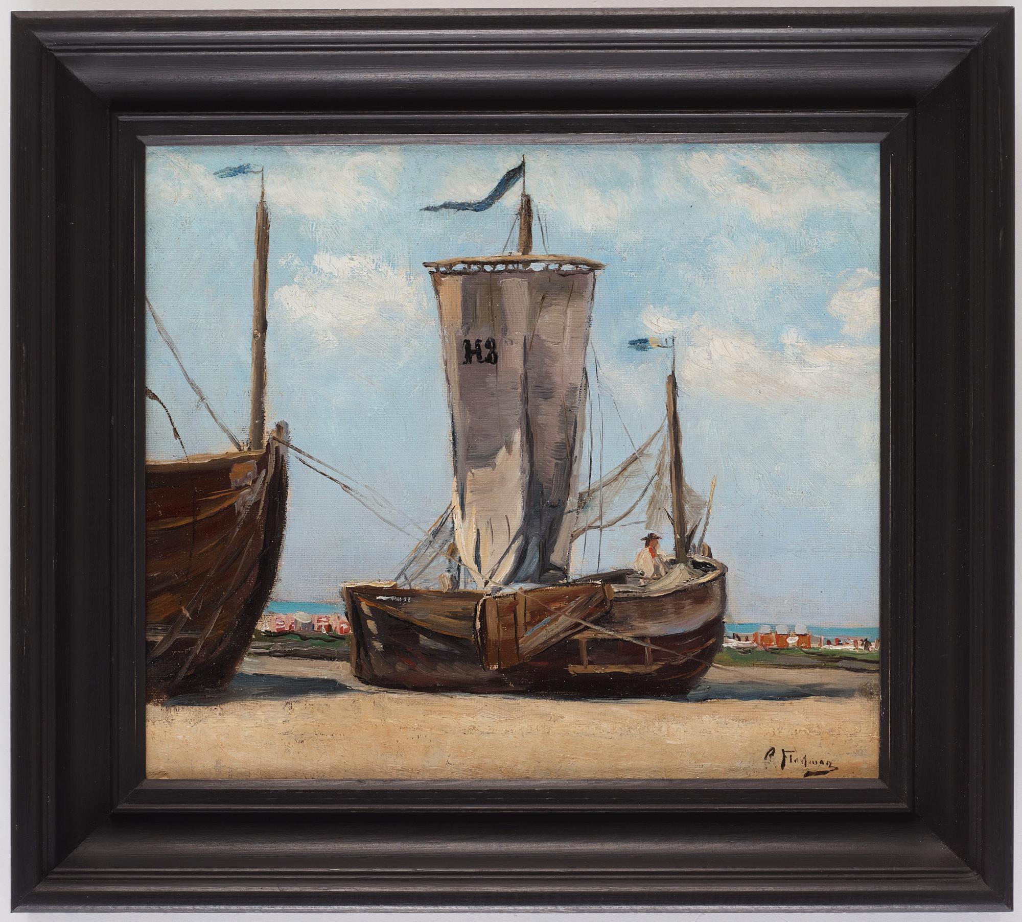 Carl Flodman, Strandparti med förtöjda båtar. I bakgrunden s.k. ”Strandkorben” (strandkorgar) och figurer, möjligen Skagen eller Skåne.