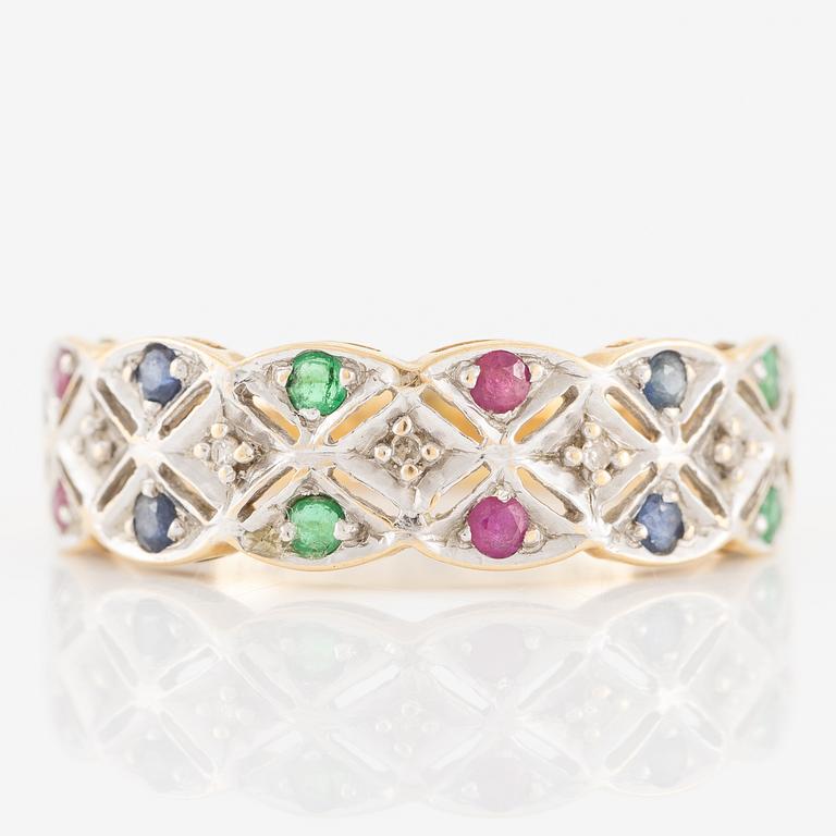 Ring, 18K gold with emeralds, rubies, sapphires, and small diamonds.