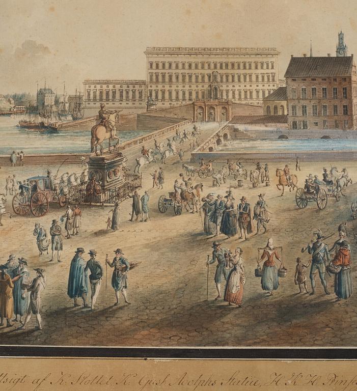 Johan Fredrik Martin, "Norrmalms Torg i Stockholm med Utsigt af K Slottet, K. Gustaf Adolphs Statüe, H.K.H. Prinsessans Palais o Opera Huset".