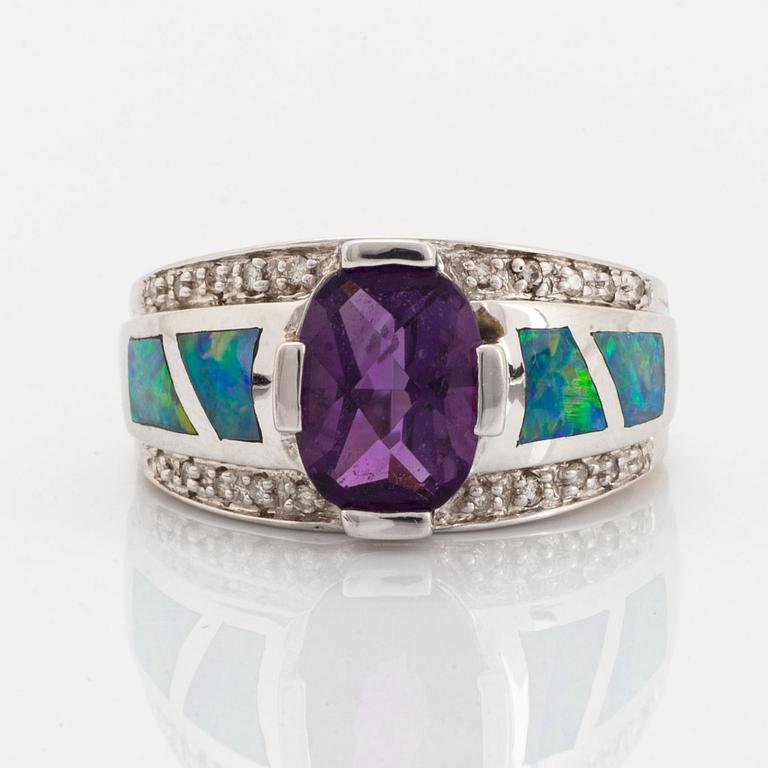 Checker-cut amethyst, opal and diamond ring.