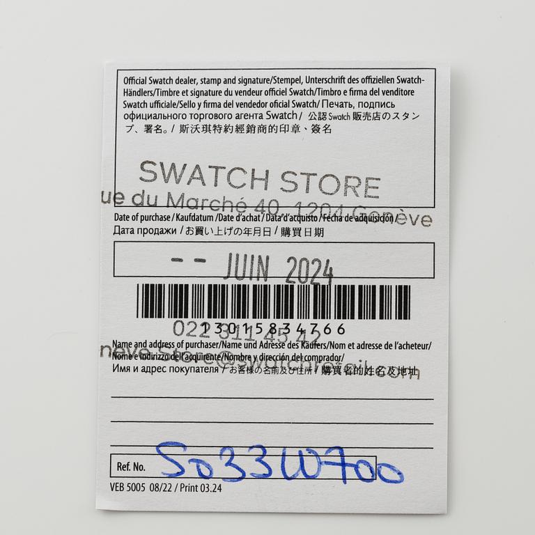 Omega/Swatch, MoonSwatch, "No Reserve", Mission to the MoonPhase, "Snoopy", kronograf, armbandsur, 42 mm.