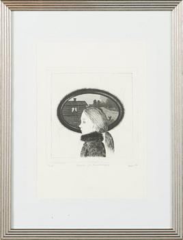 Outi Heiskanen, etching, aquatint, drypoint, signed and dated -74, marked tv 8.