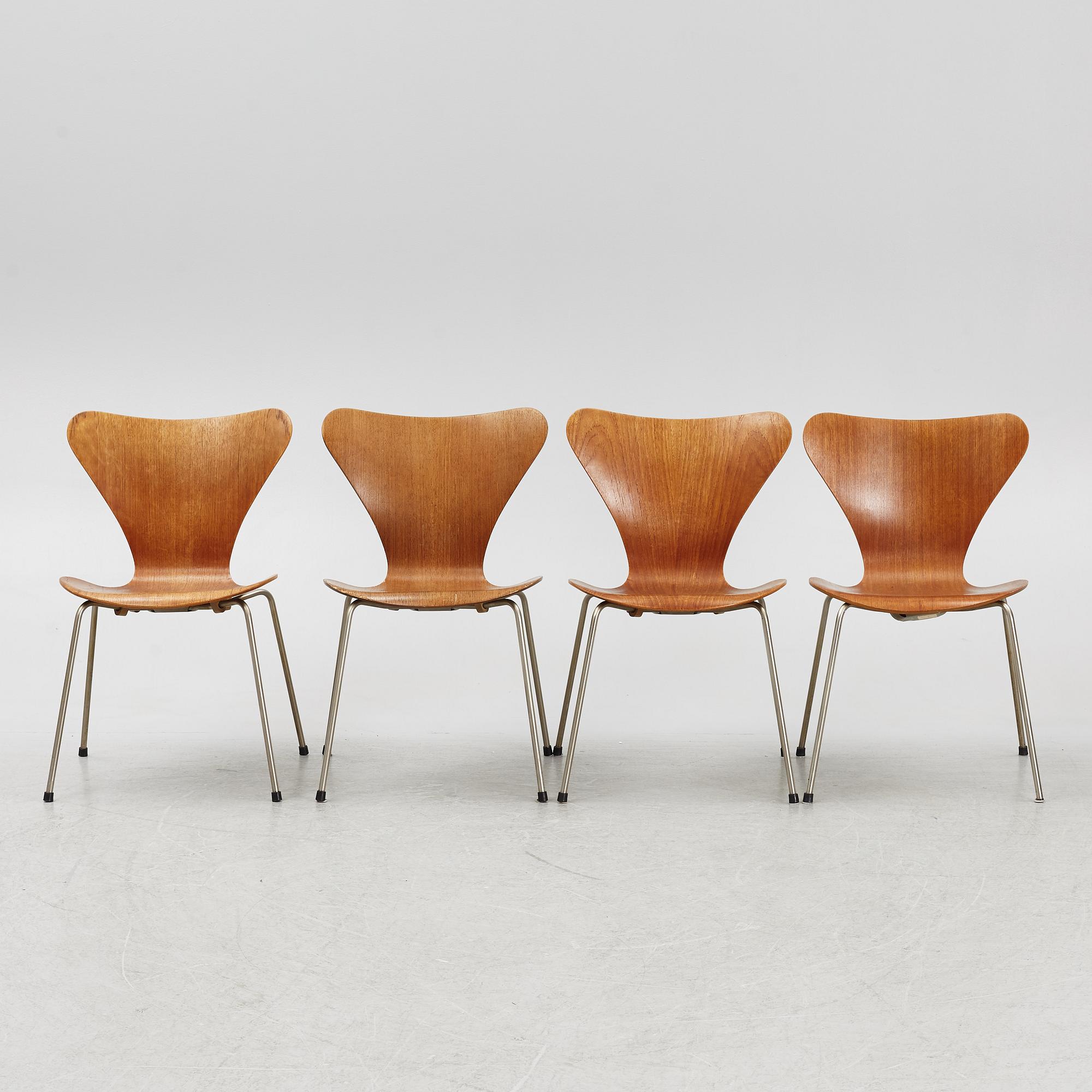 Arne Jacobsen, four 'Series 7' chairs, Fritz Hansen, Denmark, 1950's/60's.