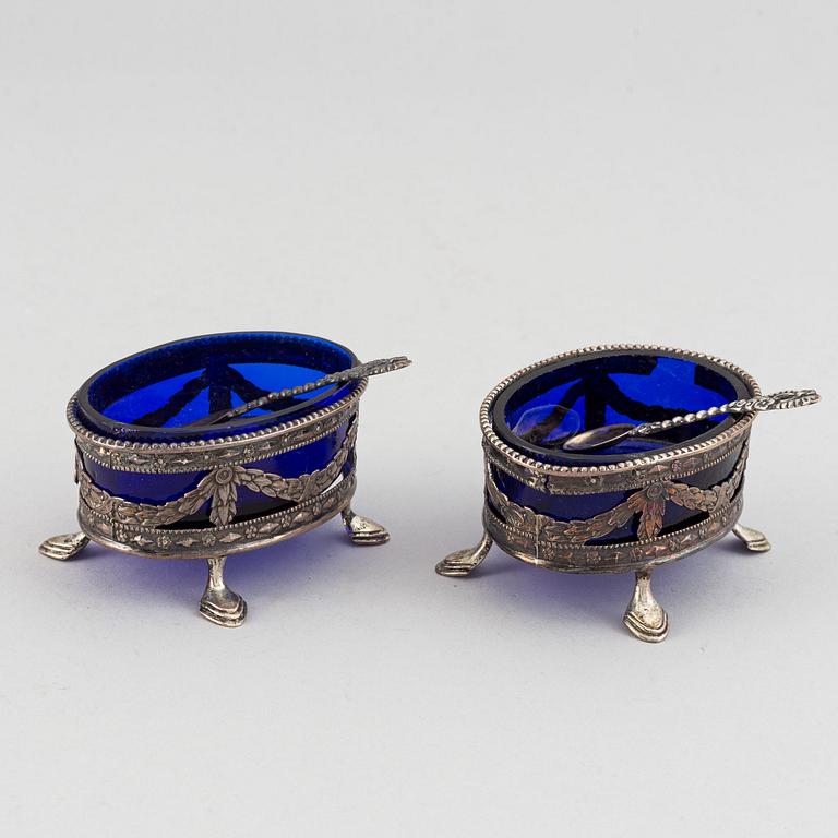 A pair of Swedish Gustavian silver and glass salt cellars, 1785.