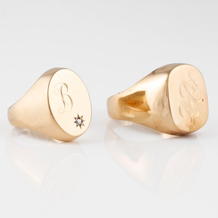 RINGAR, 2 st, 18K guld samt en åttkantslipad diamant, Borgings Guld & Silver, Göteborg. Vikt 11,7 gram.